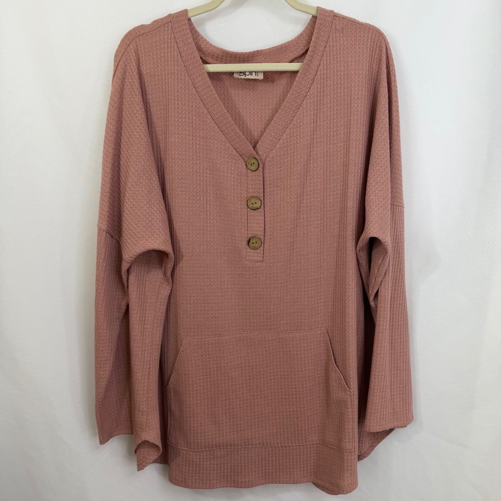 Spin USA Rose Pink Waffle Knit V Neck Long Sleeve Tunic‎ Top Pockets 1X NWOT